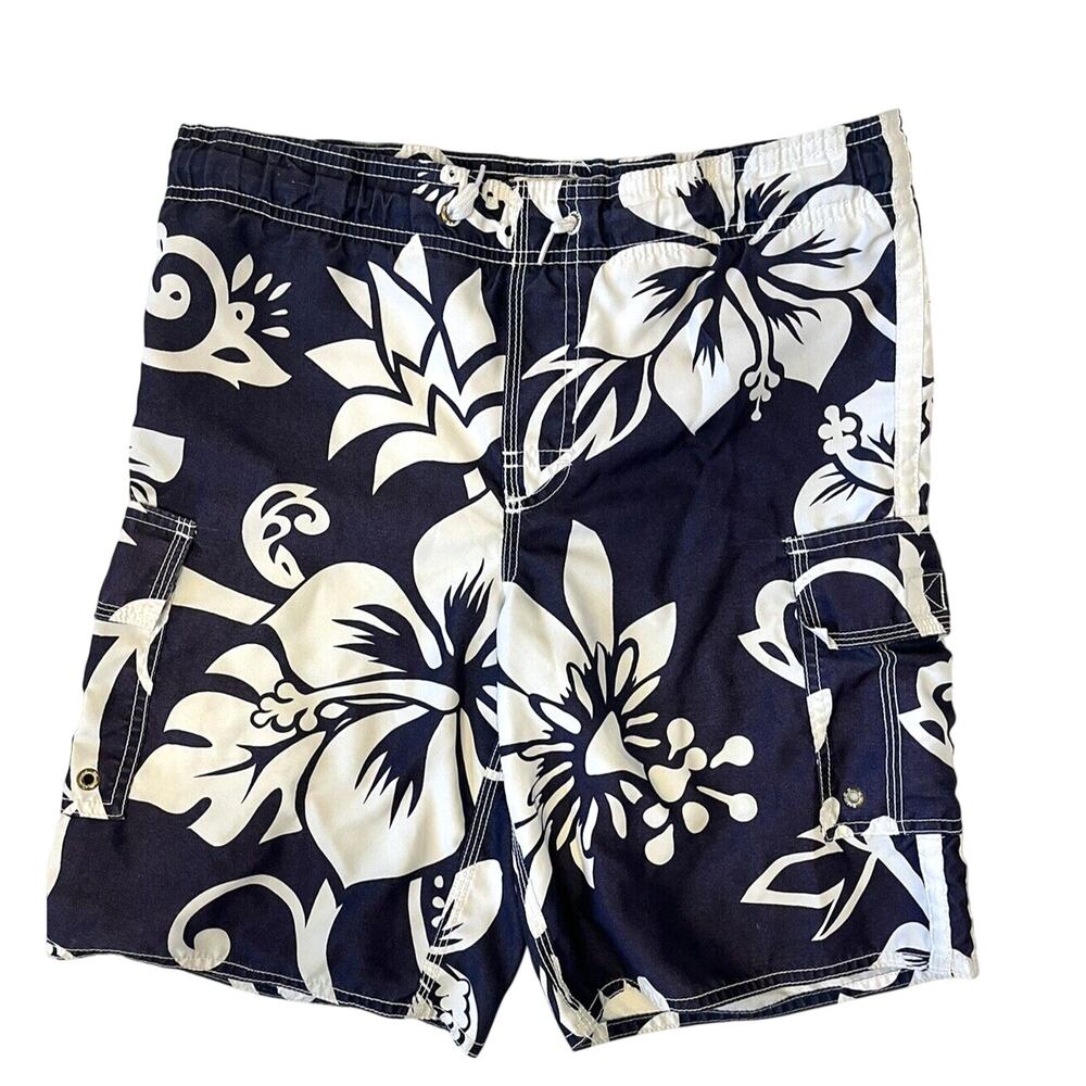 OLD NAVY BOYS SWIM TRUNKS SZ 8 NAVY/WHITE FLORAL LINED